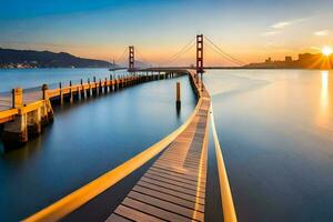 de gyllene Port bro på solnedgång. ai-genererad foto