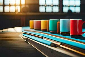 färgrik kaffe muggar på en tabell med biljard pinnar. ai-genererad foto