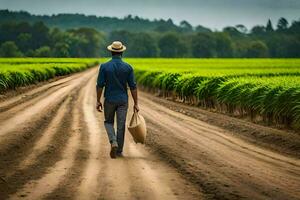 en man promenader genom en fält av sockerrör. ai-genererad foto