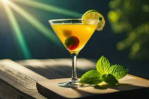 cocktail på en trä- tabell med Sol lysande Bakom. ai-genererad foto