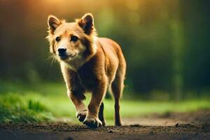 en brun hund gående på en smuts väg. ai-genererad foto