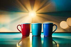 tre färgrik kaffe koppar på en tabell. ai-genererad foto