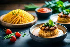 två skålar av spaghetti med kött och grönsaker. ai-genererad foto