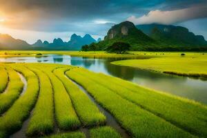 de ris fält av li flod, yangshuo, Kina. ai-genererad foto