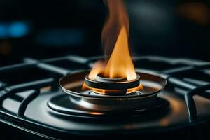en gas brännare på topp av en spis. ai-genererad foto
