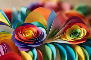 en färgrik papper blomma arrangemang med många annorlunda färger. ai-genererad foto