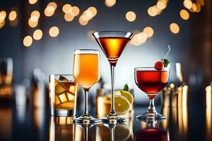 tre annorlunda typer av alkoholhaltig drycker på en bar disken. ai-genererad foto