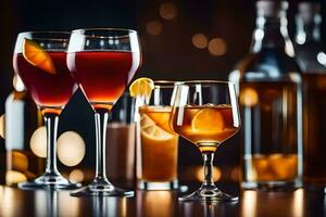 olika alkoholhaltig drycker är visad på en tabell. ai-genererad foto