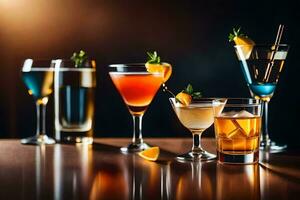 en grupp av annorlunda alkoholhaltig drycker på en tabell. ai-genererad foto