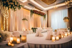 en bröllop reception med vit och guld dekor. ai-genererad foto