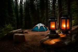 camping i de skogen. ai-genererad foto