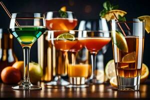 olika alkoholhaltig drycker och drycker på en tabell. ai-genererad foto