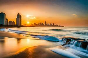 de Sol uppsättningar över de stad horisont i dubai. ai-genererad foto