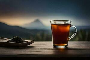 en glas av te på en trä- tabell med en berg i de bakgrund. ai-genererad foto
