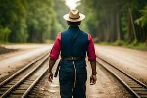 en man i en hatt och väst gående på järnväg spår. ai-genererad foto