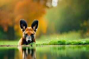 en hund är stående i de vatten med dess öron tillbaka. ai-genererad foto