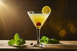 cocktail med citron, mynta och en körsbär på en trä- tabell. ai-genererad foto