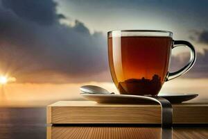 en kopp av te på en trä- tabell med en sked och en bok. ai-genererad foto