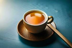 en kopp av te på en trä- fat. ai-genererad foto