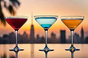tre martinis med annorlunda färger på en tabell med en stad horisont i de bakgrund. ai-genererad foto