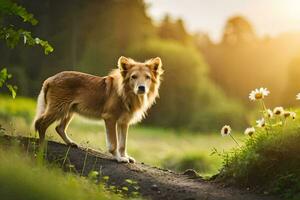 en hund stående på en väg i en fält. ai-genererad foto