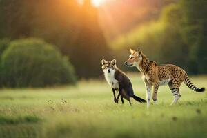 två rävar är gående i de gräs. ai-genererad foto
