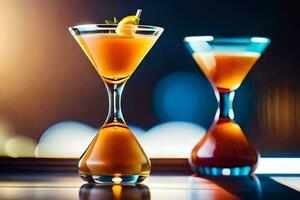 två glasögon av orange och gul cocktail. ai-genererad foto
