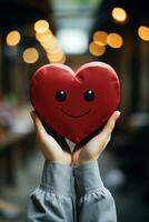 en hand är innehav en röd hjärta papper ai genererad foto