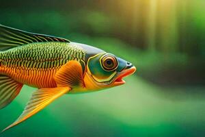 en fisk med en ljus grön och gul kropp. ai-genererad foto