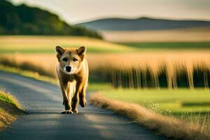 en hund gående ner en väg i en fält. ai-genererad foto