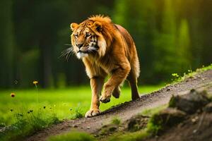 en tiger gående på en väg i de skog. ai-genererad foto