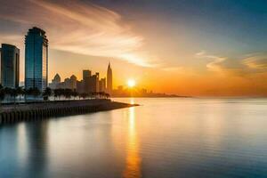 de Sol stiger över de stad horisont i dubai. ai-genererad foto