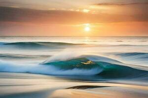 en skön solnedgång över de hav med vågor. ai-genererad foto