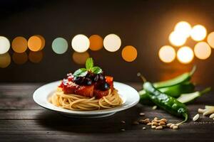 spaghetti med tomat sås och oliver på en tallrik. ai-genererad foto