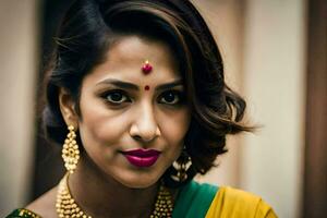 en kvinna i en grön sari med guld Smycken. ai-genererad foto