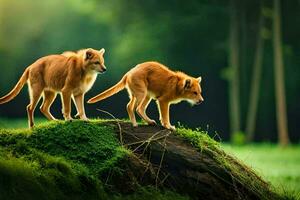 två röd rävar stående på topp av en kulle. ai-genererad foto