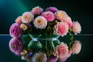 en vas fylld med rosa och lila blommor är reflekterad i en spegel. ai-genererad foto