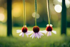 tre blommor hängande från en sträng i de gräs. ai-genererad foto