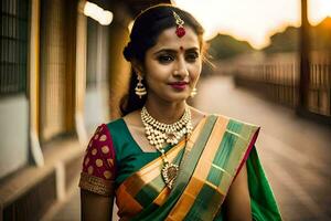 en skön kvinna i en grön och guld sari. ai-genererad foto