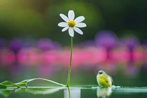 en fågel är stående på de vatten Nästa till en blomma. ai-genererad foto