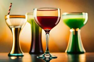 tre glasögon av vin med annorlunda färgad vätskor. ai-genererad foto