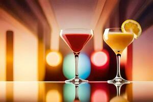 två glasögon av cocktails med färgrik drycker. ai-genererad foto