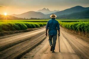 en man gående ner en smuts väg i främre av en majs fält. ai-genererad foto