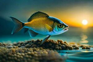 en fisk är stående på topp av en lugg av korn. ai-genererad foto