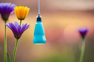 en blå vatten flaska hängande från en sträng av lila blommor. ai-genererad foto