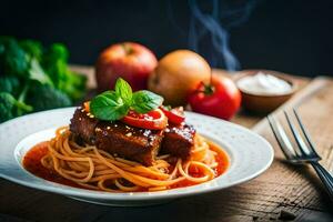 spaghetti med kött och tomat sås på en tallrik. ai-genererad foto