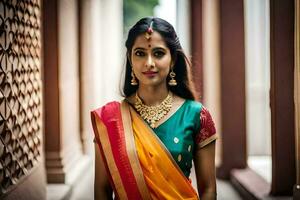 en skön indisk kvinna i en färgrik sari. ai-genererad foto
