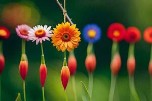 färgrik blommor är hängande från en gren. ai-genererad foto