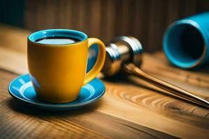 en kaffe kopp och en klubban på en trä- tabell. ai-genererad foto
