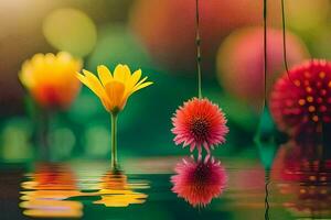 färgrik blommor i vatten med en ljus Sol. ai-genererad foto